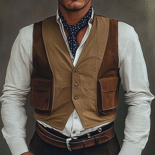 Men's Three-Button Brown Suede Colorblock Vest MTA0265D8U