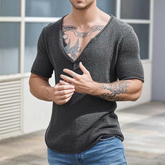 Men's Casual Solid Color V-Neck Slim Short Sleeve Knitted Sweater T-Shirt MTA3138C7M