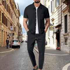 Men's Waffle Solid Color Short Sleeve Shirt And Pants Set 59383797X
