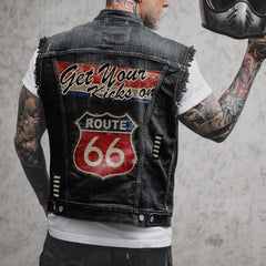 Vintage Route 66 Denim Vest for Motorcycle Enthusiasts