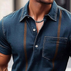 Men's Summer Retro Dark Blue Polo Collar Denim T-Shirt MTA0152D6U