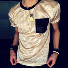 Men's Retro Casual Mesh Fabric Color Block Sports Round Neck Short Sleeve T-Shirt MTA2551C5TO