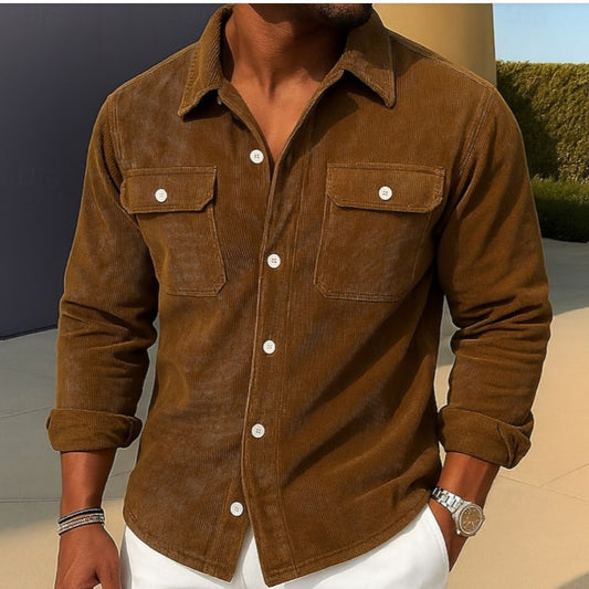 Men's Casual Corduroy Shirt With Chest Pockets - Perfect For Fall And Winter Outfits