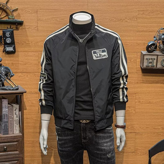 Stylish Men's Bomber Jacket with Striped Sleeves and Patch Design for Casual Wear