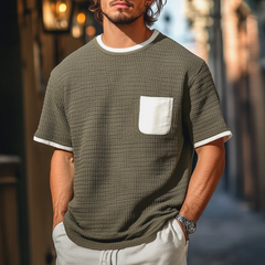 Men's Casual Round Neck Clorblock Patchwork Loose Knitted Short Sleeve Sweater T-Shirt MTA0717D1M