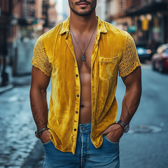 Men's Spring Fashion Personalized Lace Splicing Velvet Slim Fit Short Sleeve Shirt MTA2684C0K