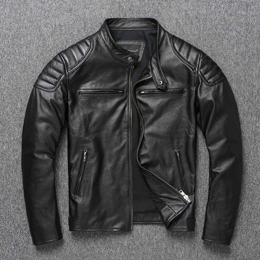 Classic Motorcycle Jacket With Distressed Finish For Men