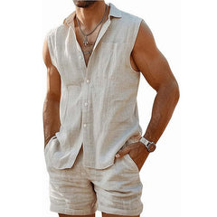 Men's Summer Cool Skin-Friendly Casual Cotton And Linen Sleeveless Set MTA2618C4U