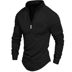 Stylish Men's Black Half-Zip Pullover With Pleated Shoulder Design