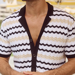 Men's Knit Wavy Pattern Notch Lapel Single Breasted Short Sleeve Polo Shirt MTA0812D6Z