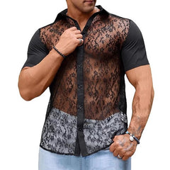 Men's Spring Fashion Sexy Lace Slim Black Short Sleeve Shirt MTA2751C0K