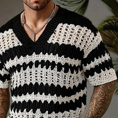 Men's Knitted Contrast Color V-neck Short-sleeved Sweater T-Shirt 14944957X