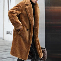 Men's Warm Solid Color Teddy Plush Lapel Long Coat 00244387Y