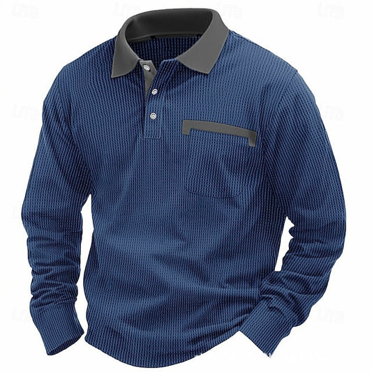 Stylish Long Sleeve Polo Shirt With Contrast Collar And Pocket Design For Men