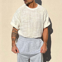 Men's Solid Color Textured Short-Sleeved Round Neck T-Shirt MTA2701C0X