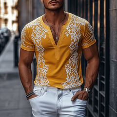 Men's Spring Fashion Deep V Neck Exquisite Embroidery Cotton Short Sleeve T-shirt MTA2644C7K