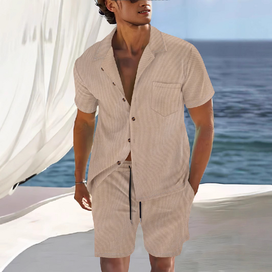 Men's Solid Color Short Sleeve Shorts Holiday Two-piece Set MTA0744D7X