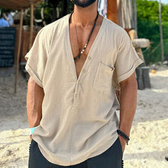 Men's Cotton And Linen V-Neck Short Sleeve Shirt MTA1879C3X