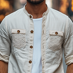 Men's Spring Fashion Personalized Lace Pocket Stitching Cotton And Linen Long Sleeve Shirt MTA2673C5K