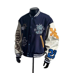 Embroidered Baseball Jacket with Unique Cross and Number Design for Casual Wear