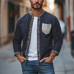 Men's Spring Fashion Retro Lace Splicing Cotton And Linen Long Sleeve Shirt MTA2708C6K