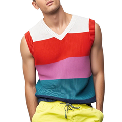 Men's Casual V Neck Contrast Color Striped Soft Knitted Tank Top MTA0739D7M
