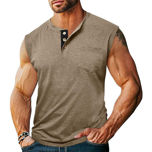 Men's Casual Cotton Blend Contrast Henley Neck Tank Top MTA2018C8X