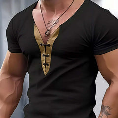 Men's Leather Collar Patchwork V-Neck Slim Fit Short Sleeve T-Shirt MTA2258C3U