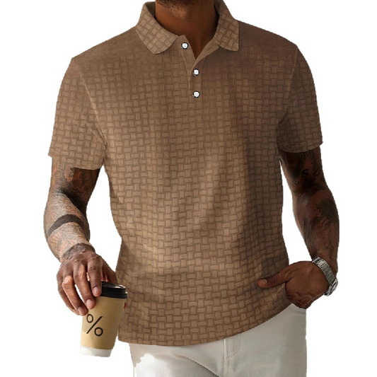 Men's Textured Striped Short-Sleeved Corduroy Polo Shirt - Loose Fit, Minimalist