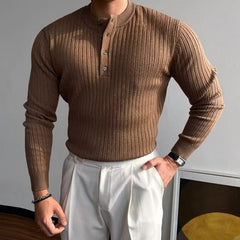 Men's Stylish White Ribbed Henley Sweater for Casual Elegance
