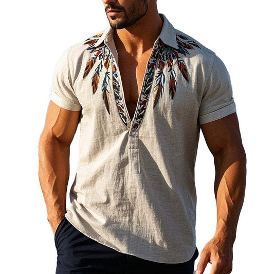 Men's Vintage Feather Embroidered Pullover Short Sleeve Shirt MTA2596C7X