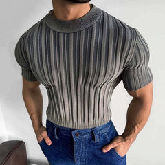 Men's Casual Striped Round Neck Short Sleeve Knitted T-Shirt MTA2748C3X