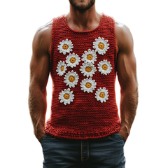 Men's Casual Crew Neck Daisy Embroidered Slim Fit Knitted Tank Top MTA0703D0M