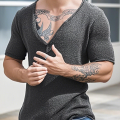 Men's Casual Solid Color V-Neck Slim Short Sleeve Knitted Sweater T-Shirt MTA3138C7M