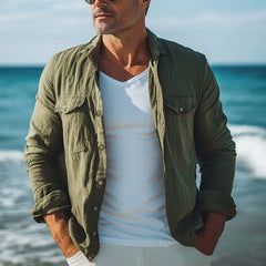 Men's Spring And Autumn Army Green Cotton And Linen Long Sleeve Shirt MTA1895C9U