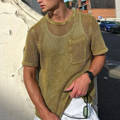 Men's Casual Round Neck Hollow Loose Knitted Short Sleeve Sweater T-Shirt (Tank Top Excluded) MTA0734D3M
