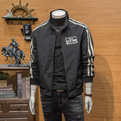 Stylish Men's Bomber Jacket with Striped Sleeves and Patch Design for Casual Wear