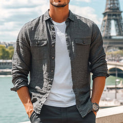 Men's Casual Skin-friendly Dark Gray Cotton And Linen Long-sleeved Shirt 01392376U