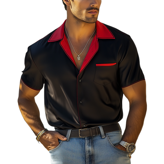Men's Fashion Spring And Summer Contrast Color Stitching Satin Short Sleeve Shirt MTA2028C4K