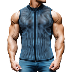 Men's Retro Casual Mesh Fabric Elastic Stand Collar Zipper Sports Tank Top MTA2548C8TO