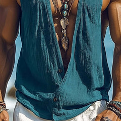 Men's Summer Basic Deep V-Neck Cotton And Linen Tank Top MTA0906D5U