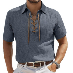 Men's Solid Color Casual Vacation Lace Lapel Short Sleeve Shirt MTA0162D4X