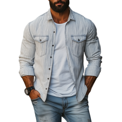 Men's Casual Comfort Cotton Linen Striped Lapel Chest Pocket Loose Long Sleeve Shirt MTA2792C0M