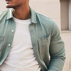 Men's Casual Solid Color Lapel Long Sleeve Shirt 97409446X