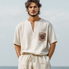 Men's Spring And Summer Casual V-neck Cotton And Linen Embroidered Short-sleeved T-shirt MTA2017C1K