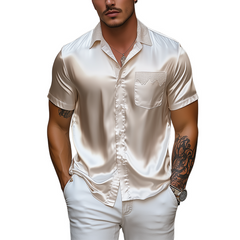 Men's Spring And Summer Fashion Pocket Lace Stitching Satin Short Sleeve Shirt MTA2201C9K