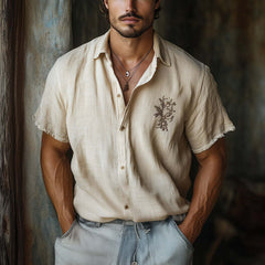 Men's Casual Skin-friendly Khaki Tencel Embroidered Short-sleeved Shirt 54465911U