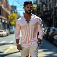 Men's Fashion Casual Sexy Lace And Satin Splicing Deep V Neck Long Sleeve T-Shirt MTA1765C8K
