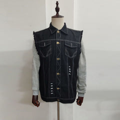 Distressed Denim Vest with Embroidered Skull Design for Biker Style