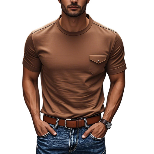 Men's Casual Cotton Round Neck Chest Pocket Slim Fit Short Sleeve T-Shirt MTA3172C1M